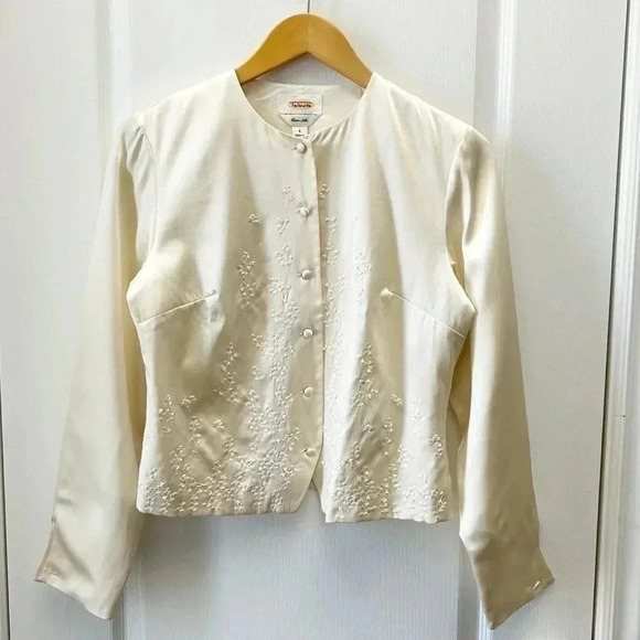 Vintage Talbots Pure Silk Jacket Embroidered Cropped Blazer Ivory Cream Ecru 4 - Picture 3 of 16